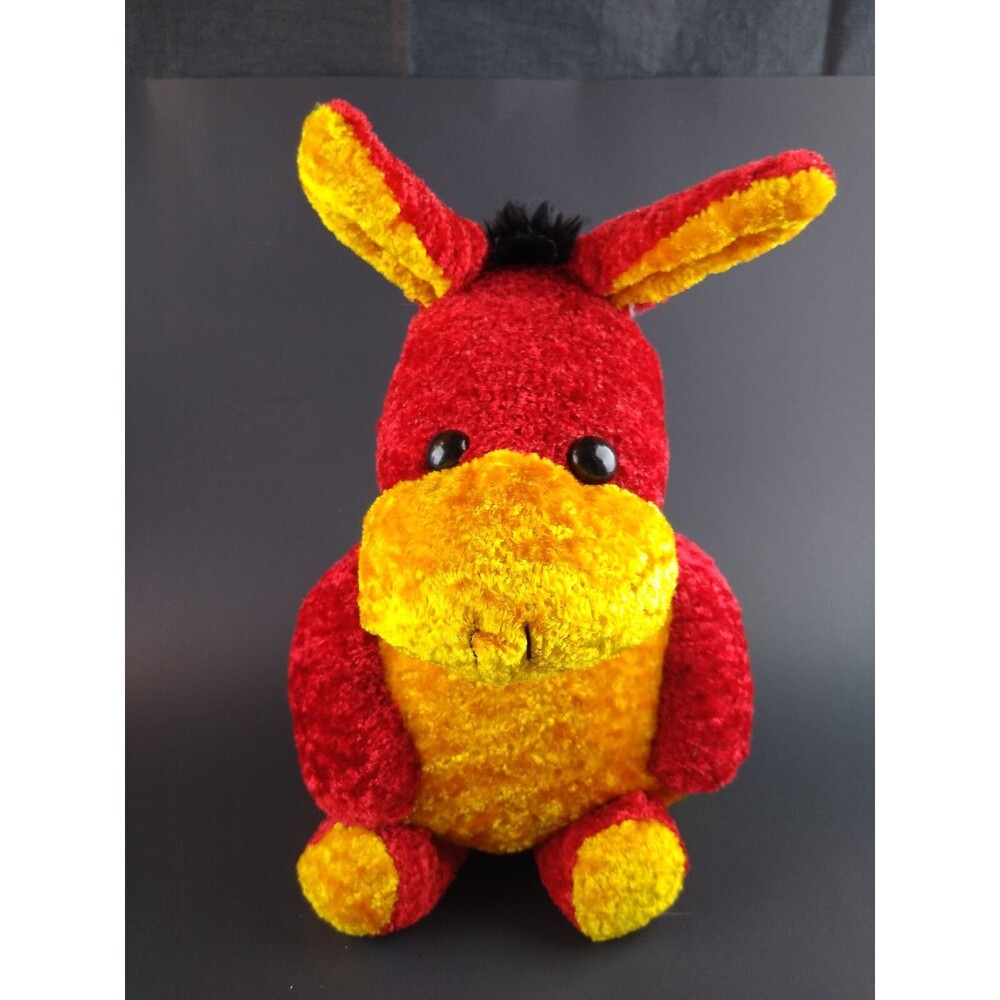 Vintage Chenille Donkey Plush Stuffed Animal Red and Golden Yellow